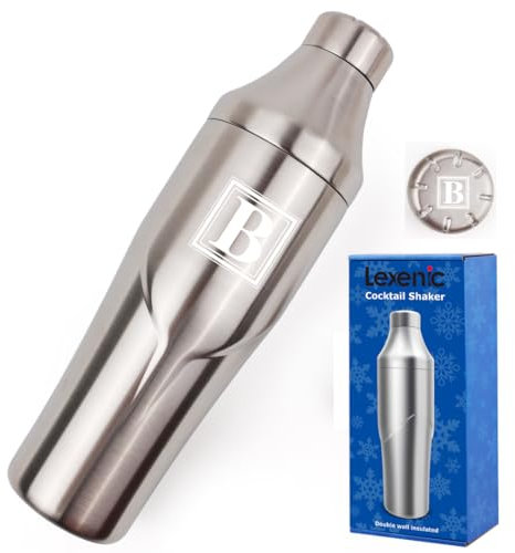 Lexenic 24oz Cocktail Shaker -Personalised Monogramm Initials Martini Shaker-Insulated Double Wall Keep Drink Chilled -No Stuck Twist Lid,Built-in Strainer - Premium Stainless Steel Drink Shaker - B