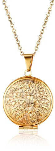 JewelryWe Foto Medaillon Halskette für Damen: Gold Edelstahl Vintage Blumenmuster Runde Photo Bilder Amulett zum Öffnen Anhänger Kette mit Gravur Geschenk für Frauen Mutter Tochter