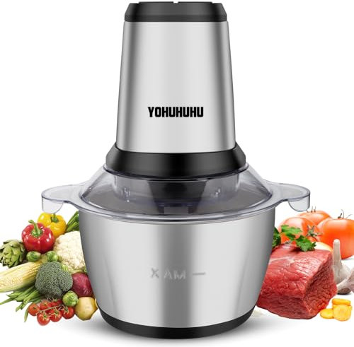 YOHUHUHU Mini Food Processor 2L 500W Meat Grinder 2 Speed Food Chopper 4 Durable Sharp Blades Stainless Steel Bowl For Meat Vegetables Fruits Nuts Salad Sauces 