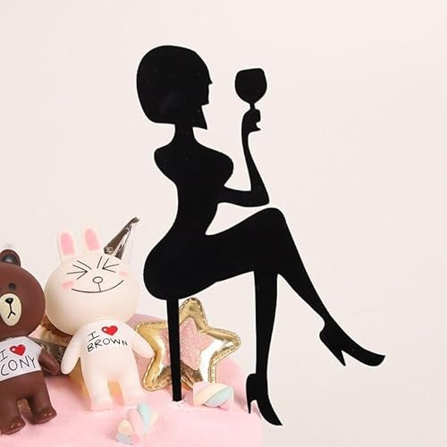 Craft Cart Acrylic Cake Topper For Birthday With Sitting Girl Lady Figure Wine Glass Black Silhouette Party Decoration Idea