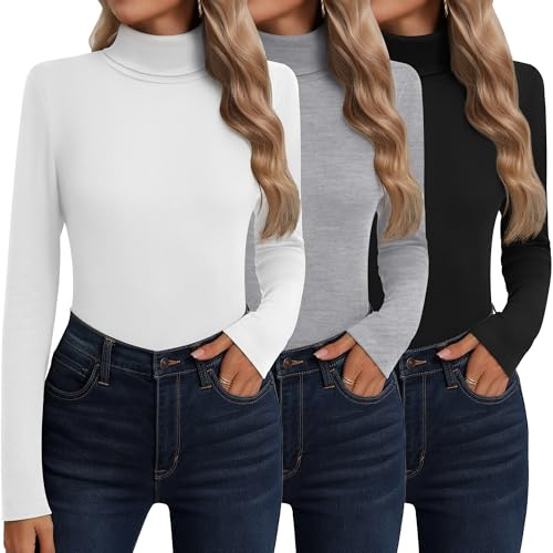 Neer 3er Pack Damen Rollkragen Baumwolle Langarm Ärmeln Thermo Unterwäsche Basisschicht Herbst Winter Shirts Pullover