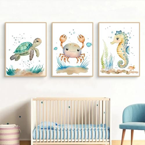 Ueiwffzo 3er Set Poster Bilder Kinderzimmer ohne Rahmen, Niedliche Cartoon Meerestiere Wandbilder, Dekorative Wanddeko Posters für Babyzimmer Kinderzimmer Deko (B,30 x 40 cm)