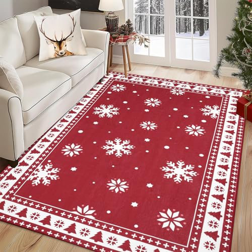 Enyhom Tappeto natalizio rosso non perde pelo, 120 x 180 cm, con fiocco di neve, per soggiorno, antiscivolo, lavabile in lavatrice, tappeto shaggy, morbido, per camera da letto, decorazione per la