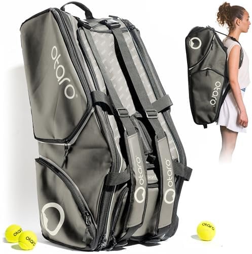Otaro Tennistasche 82L (grau) mit Schuhfach & kühlenden Thermofächern – 3 in 1 Tragesystem, wasserabweisend, Laptopfach & viele Extrafächer – Tennis Bag für 4 Rackets, Tennisschläger Tasche