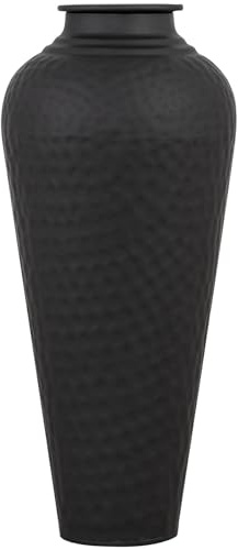 41cm Matt Black Hammered Vase With Lid - Metal Statement Piece Faux Flowers