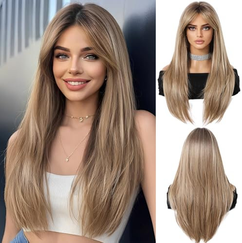 OUFEI Ombre Blonde Perücken mit Pony für Frauen Lange Gerade Geschichtete Kunsthaarperücken mit Dunklen Wurzeln für Den Täglichen Partygebrauch