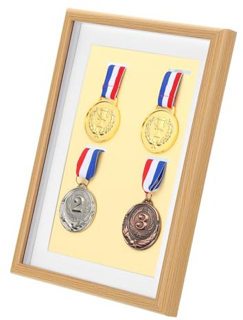 PATIKIL Medaillenrahmen für 4 Medaillen Bilderrahmen A4 Medaillenhalter Holz Medaillenschattenbox Medaillenvitrine für Marathon Schwimmen Triathlon Fußball Gymnastik, Pappel