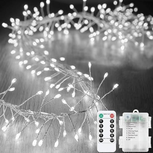 SUAVER Feuerwerk Lichterkette Außen Innen, Cluster Weihnachtsbeleuchtung LED Baum Licht Batteriebetrieben Timer Fernbedienung Wasserdicht Feuerwerkskörper Décor (Weiß, 12m 400LED)
