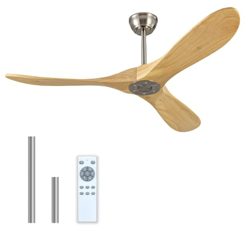 Kekopa Ventilateur de plafond de 132,1 cm en bois massif sans lumière, 3 pales en bois avec 6 vitesses, moteur CC réversible, ventilateurs d'intérieur modernes