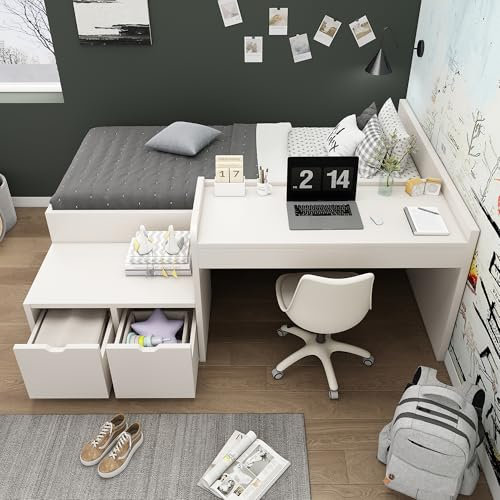 I0I&I0I Kids Single Bed With Desk and Storage Drawers - Wooden Frame Multifunctional Design for Teenagers & Adults - Durable and Safe (White, 195 x 137 x 82.5 cm)