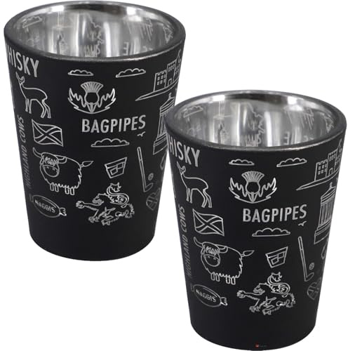 I LUV LTD Double Tot Glasses with Heavy Base, Scottish Icon Black Design, Great Souvenir Gift Set, 50ml, Pack of 2