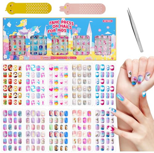 240 Piezas De Uñas Postizas Para Niños Con Pegamento Para Uñas, Kit De Uñas Acrílicas De Cobertura Completa Para Niñas, Regalo Para Niños, Decoración De Uñas Diy (Unicornio De Caramelo)