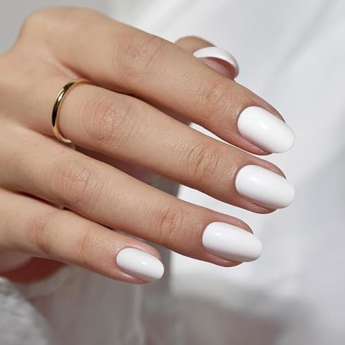 30Pcs Almond False Nails - French Tip False Nails - Pure White Natural French Style Almond Press on Nails - Short Glossy Full Cover Glue on Nails - Removable DIY Nail Art