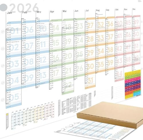 weekview XL Jahresplaner Colour 2026 Wandkalender mit Wochenstruktur farbig (A1) GEFALZT. Querformat, gefaltet - Wandplaner, Jahreskalender, Plakatkalender