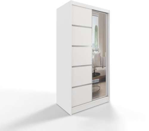 Easy4You 100 cm Moderner Schiebetürenschrank 2 Türen Weiß Kleiderschrank D3 Kleiderschrank mit Spiegel für Schlafzimmermöbel Set mit Kleiderstange Aufbewahrung