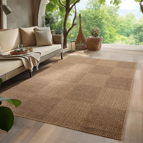 HomebyHome Outdoor Teppich 280x370 cm XXL Wetterfest Pflegeleicht Jute Natur Optik Karo Design für Wohnzimmer Esszimmer Schlafzimmer Terrasse Balkon