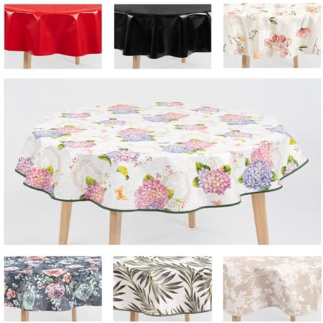 laro 140cm runde Wachstuch Tischdecke abwaschbar Wachstuchtischdecke mit Saum-Eingefasst-Paspelband, Muster:Hortensie Bunt Weiß, Größe: Rund 140cm