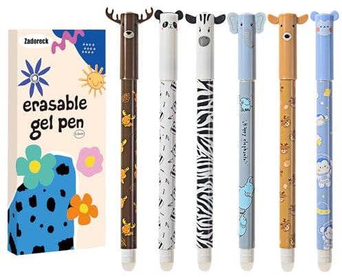 Zadoreck Lot de 6 stylos animaux effaçables,elephant,panda,daim,renne,singe zèbre les extrémités pour enlever l'encre,stylo bleu effacable,thermosensible,diamètre de la pointe 0,5 mm gomme