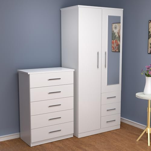 Pre-assembled 2-Piece Bedroom Furniture Set, White, 2-Door Mirrored Wardrobe with drawers and 5-Drawer Chest (White)