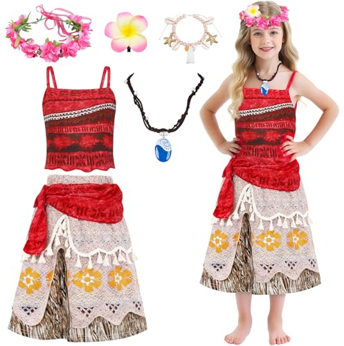 viallolipa Kostüm Kinder Mädchen, Ozeanien Kleid Faschingskostüme Kinder mit Armband, Halskette, Blumenclip, Blumenkrone für Mädchen Geburtstagsdeko Karneval Halloween Cosplay