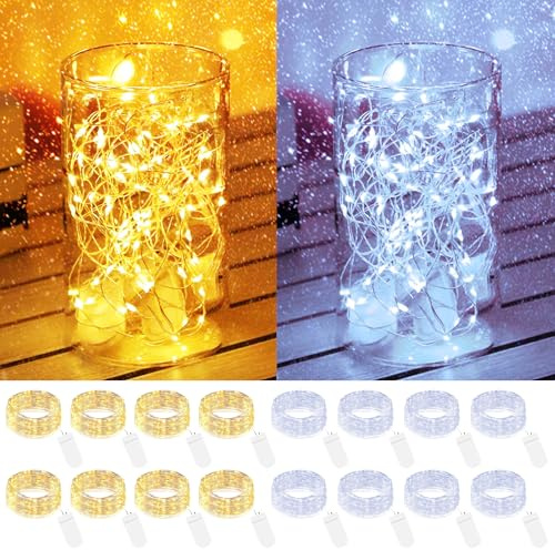 btfarm 16 Stück Lichterkette Batterie mit Klein,2M 20LED Mini Lichterketten | Silberdraht, Micro Draht, Batteriebetrieben, Wasserdichte, für Innen Weihnachten Hochzeit Party Deko, Warmweiß+Kaltweiß
