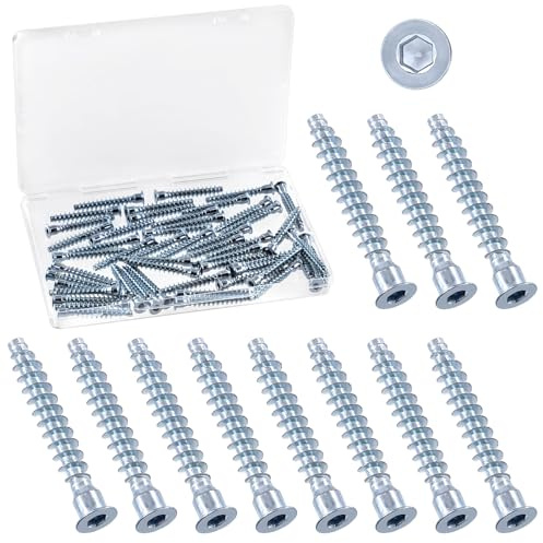 Swpeet Kit d'Assortiment de 50 Pièces M7 x 50mm Vis Confirmat de Raccordement pour Meubles en Acier au Carbone Zingué Bleu-Blanc À Entraînement Hexagonal, À Tête Fraisée, Auto-Taraudeuse pour