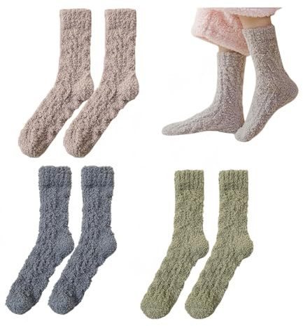 LynixTrade 3 Pairs Womens Fuzzy Socks Winter Warm Fluffy Socks Brown gray and green Color Soft Home Sleeping Bed Sock Winter Plush Crew Slipper Sock