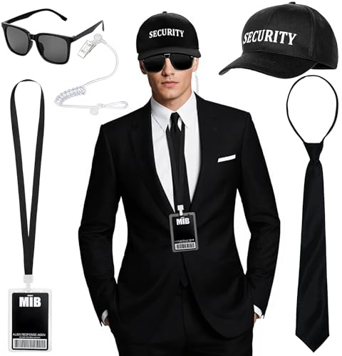 SelfTek Men in Black Kostüm Zubehör - 6 Stück Agenten Kostüm Geheimdienstkostüm Zubehör mit Schwarze SECURITY Hut Sonnenbrille ID Card Krawatte Kopfhörer für Karneval Kostümparty