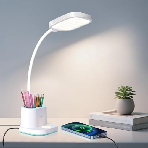 Hacevida Schreibtischlampe LED Kinder Augenschutz 2400mAh Akku | Stiftehalter & Nachtlicht, 3 Helligkeitsstufen, 360° Schwanenhals, Tischlampe Kabellos für Leser, Lektüre, Büro, Schlafzimmer