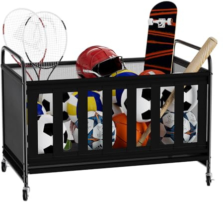 storenization Large Ball Storage Bin with Wheels, Outdoor Ball Storage for Garage, Sports Equipment Organizer Storing Volleyball, Basketball, Toys, Soccer and Baseball