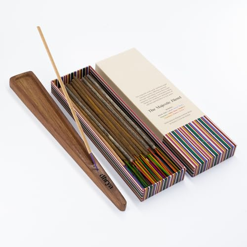 Dhrya Majestic Blend Luxury Hand-Made Natural Masala Incense Sticks–Organic, Charcoal-Free Variety Pack with Oud, Sandalwood, Rose, Musk, Patchouli for Aromatherapy & Meditation (32 Sticks + Holder)