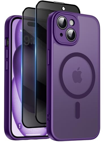 Qasyfanc für iPhone 15 Hülle Sichtschutz Schutzfolie, Dunkelviolett | Magnetisch Handyhülle Matt Hard PC Kratzfest Stoßfest Transluzente Schutzhülle