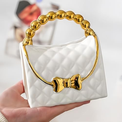 Unique Handbag-Shaped Coffee Mug with Elegant Bow & Scalloped Handle, Novelty Ceramic Cup for Tea and Espresso, Decorative Collectible Drinkware, in White.