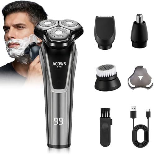 HyAdierTech Rasoir Portable, Rasoir Électrique pour Homme Wet & Dry, Rasoir sans fil avec 3 Têtes de Lame 360° Flexibles, Rase Doucement le Visage, 90 min d'Autonomie, 4 Accessoires Différents