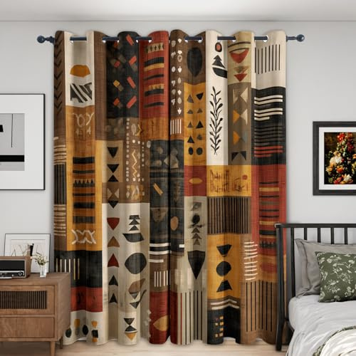 SZLYZM Afrikanische Vorhänge, Verdunklungsvorhänge mit Muster Tribal, Vorhang Blickdicht mit Ösen, Gardinen für Wohnzimmer Schlafzimmer Deko 2er Set - 220x140 (H X B) H&E382