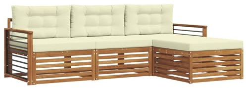 vidaXL Outdoor-Sofagarnitur mit Kissen 4 pcs Natur und Creme, Gartenlounge-Set, modernes Ecksofa für draußen, langlebige Möbel für Bequeme Terrassenplätze