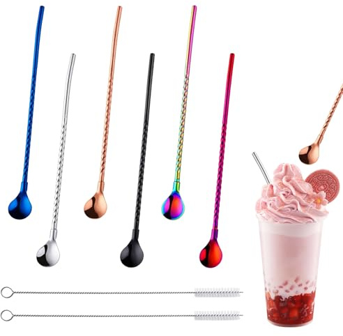 Slushie Straws, 6PCS Slush Straws with Scoop, 2PCS Cleaning Brushes, Multicolor Stainless Steel Slush Straw and Spoon Set for Smoothies Milkshakes Coffee Cocktail Frozen Drinks