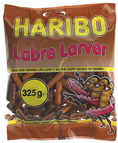 Haribo Labre Larver 325g Lakritz-Dragees mit Überzug aus Karamell, 2-fach sortiert. Ohne künstliche Farbstoffe.