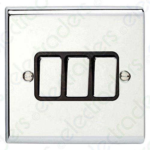 Deta SD1205CHB Light Switch 10 Amp Triple 3 Gang 2 Way (Polished Chrome/Black Insert)