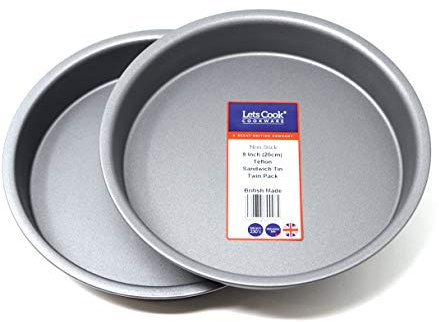 Lets Cook Cookware 8 Inch Victoria Sandwich Cake Tin Twin Pack, Fixed Base, 20cm, British Made with Teflon Non Stick