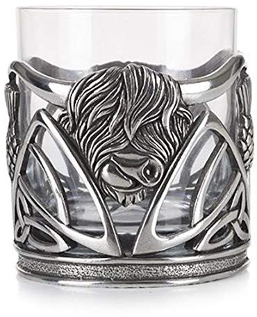 AE Williams Stunning Pewter Scottish Highland Cow Coo & Scottish Thistle Whisky Tumbler Glass