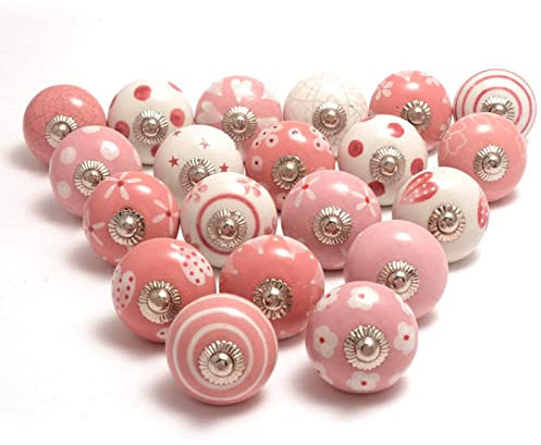 The Boho Street Hochwertige Keramik-Türgriffe - Verschiedene 20 Keramikknöpfe in Rosa und Weiß, gemischte Designs, Schranktürknöpfe, Schubladengriffe