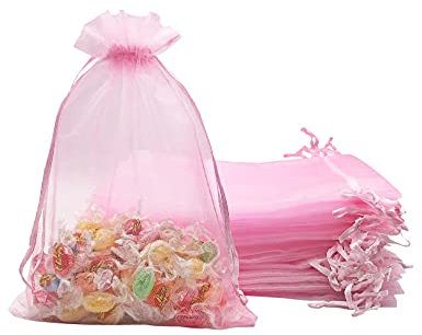Jexila 100PCS Pink Organza Bags 5X7 Inch Mesh Bag Drawstring for Wedding Party Baby Shower Favor Pouches Bags (Pink 5X7)