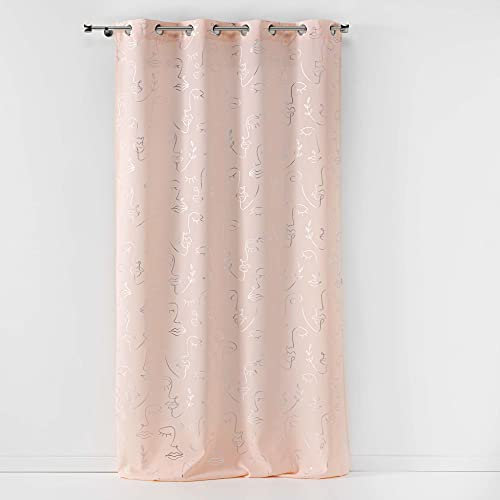 Douceur d'Intérieur, Rideau à Oeillets (140 x 260 Cm) Arty Line Rose/Argent, Polyester Imprimé Métallisé