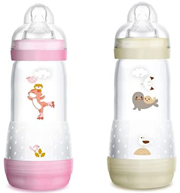 MAM Biberón Easy Start Anti-Colic, 2 Biberones Anticólicos patentados con Tetina de Silicona SkinSoftTM suave, 320ml, a partir de 4 meses, Rosa y Neutro, 2 unidades, Autoesterilizable en 3 minutos