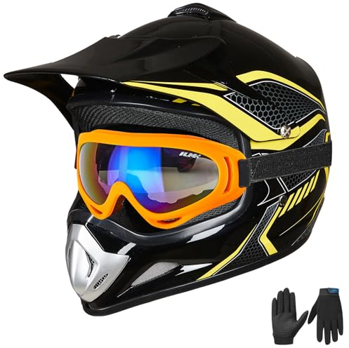 ILM Youth Kids Dirt Bike Helmet ATV Motocross DOT Off-road Street Helmet Goggles Gloves Full Face Protective Helmet Model BLD-818(Yellow,Youth-X-Large)