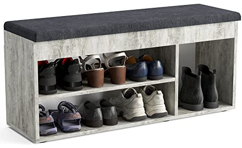 KOMTO Schuhbank mit Sitzfläche - Schuhregal Bank mit Stauraum Beton 100 x 48 x 32 cm Schuhschrank mit Sitzbank Flur Bank Garderobenbank Sofia