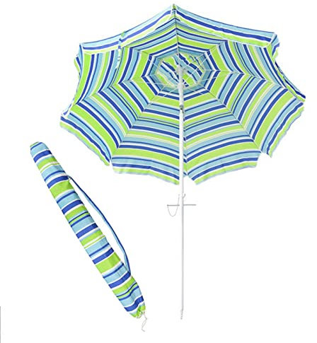 YXW Sonnenschirm 200 cm Gestreifter Strandschirm Neigbar, Windfester Balkonschirm mit Gestell Alu, Rund Gartenschirm Terrassenschirm mit Sandanker und Tasche, Sonnenschutz UV 50+