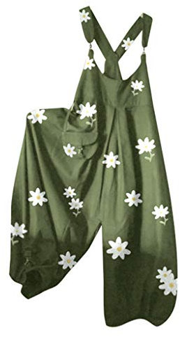 SGSD Salopette da donna con fiori – Tuta vintage con scollo a V – Tuta lunga oversize Baggy Aladin per donne sciolte senza maniche – Pantaloni estivi, pantaloni harem, taglia grande, verde militare, L