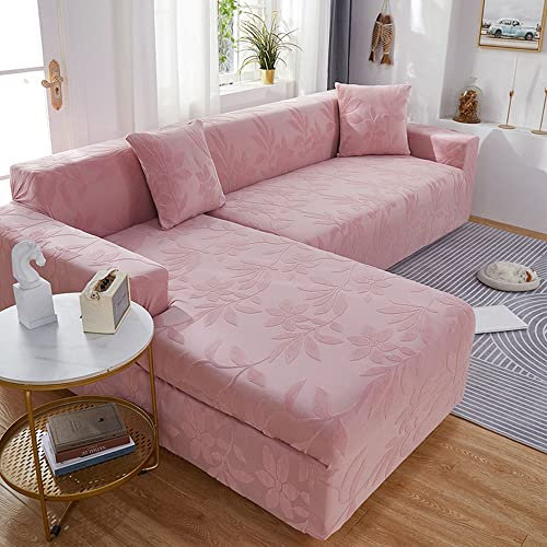 Housse de canapé d'angle Housse de Canapé d'angle Convertible Étirement élastique 2 pièces Forme de L Housse de Canapé Housse de canapé antidérapante ajustée pour salon -rose-3 places + 3 places